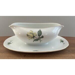 KPM Krister Germany Gravy Sauce Boat Attached Under Plate Yellow Rose No 674